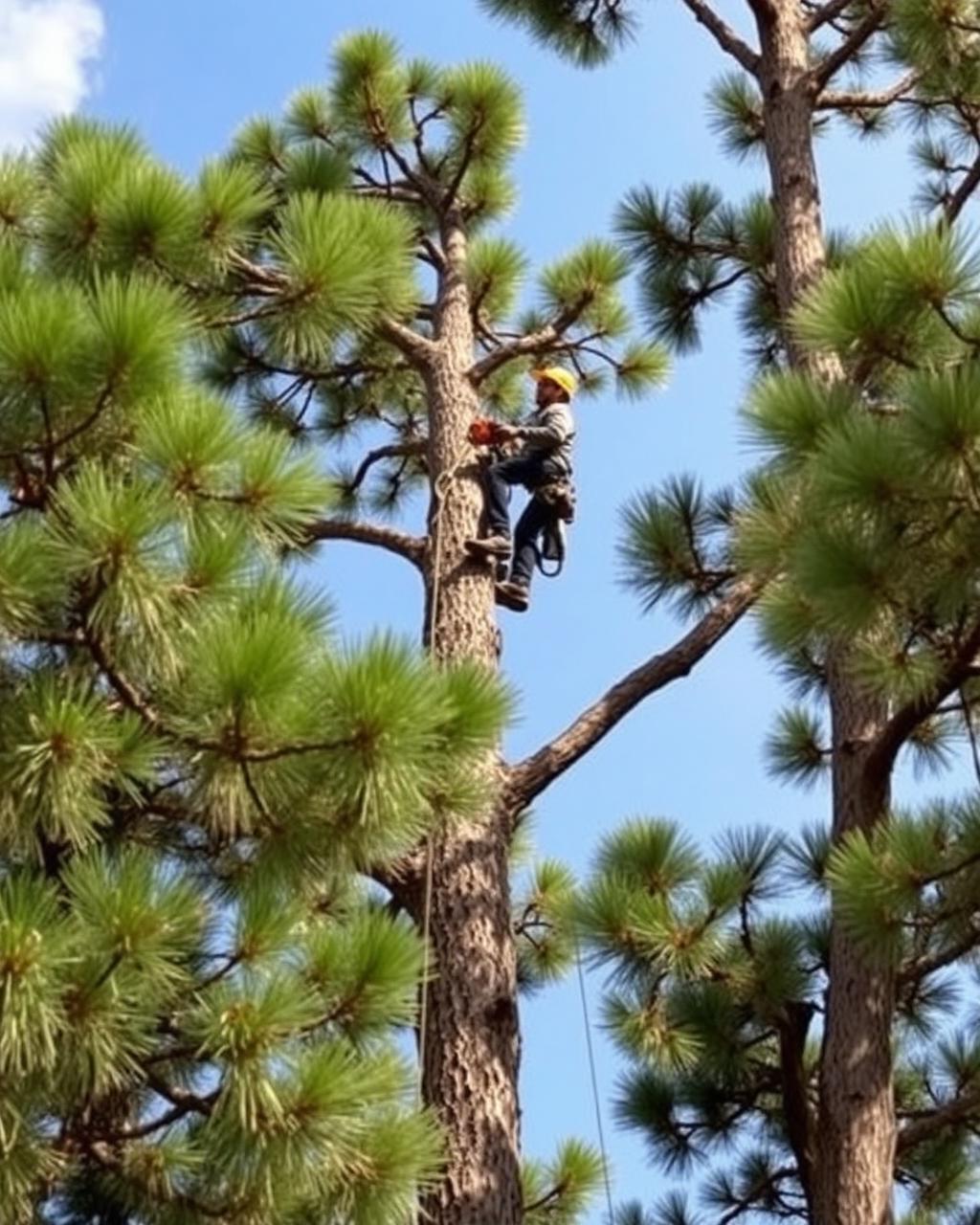 Arborist climbing tall Texas pine tree