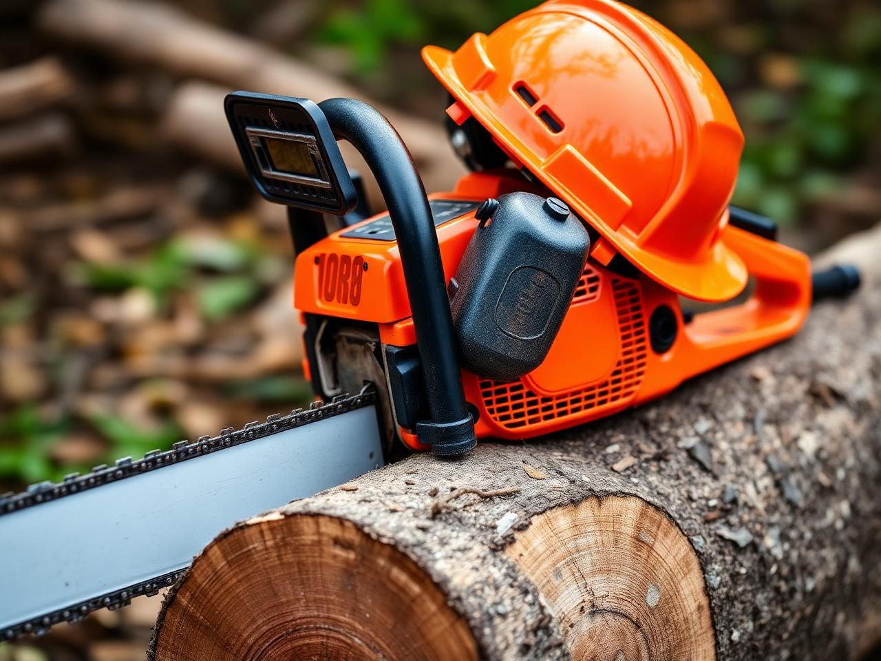 Chainsaw and safety helmet on log