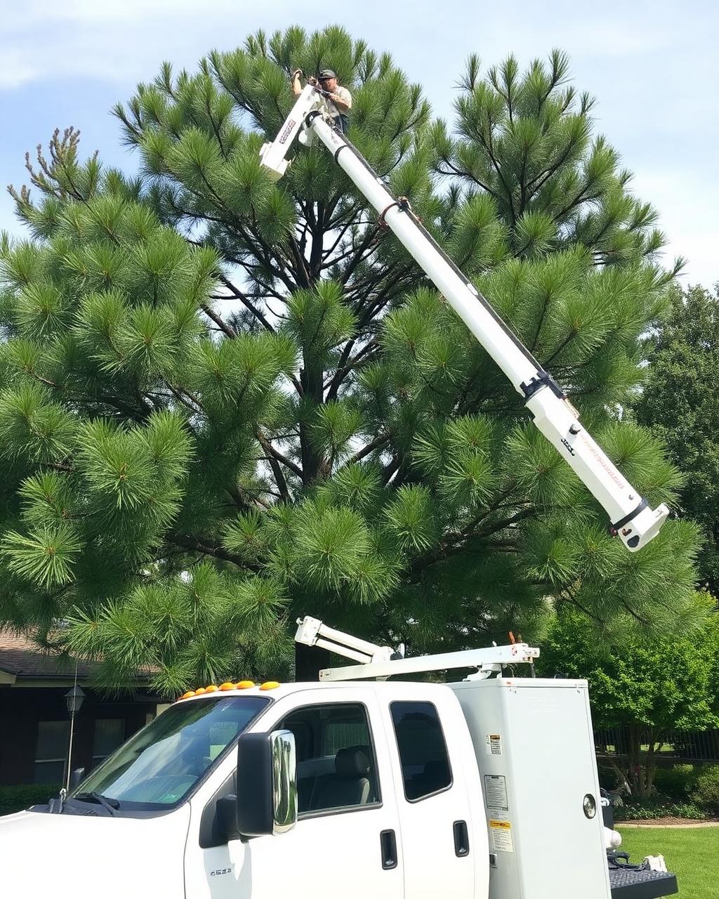 Bucket truck trimming tall pine tree